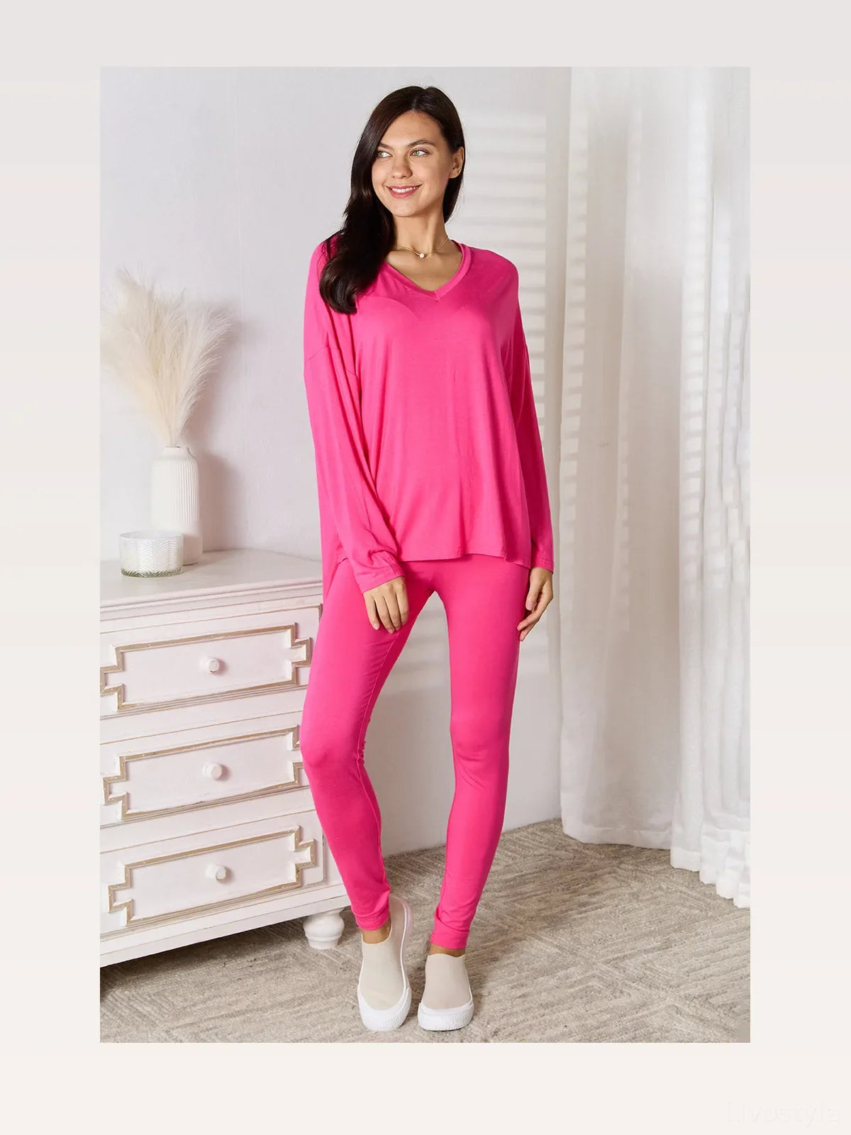 V-Neck Long Sleeve Top and Pants Lounge Set