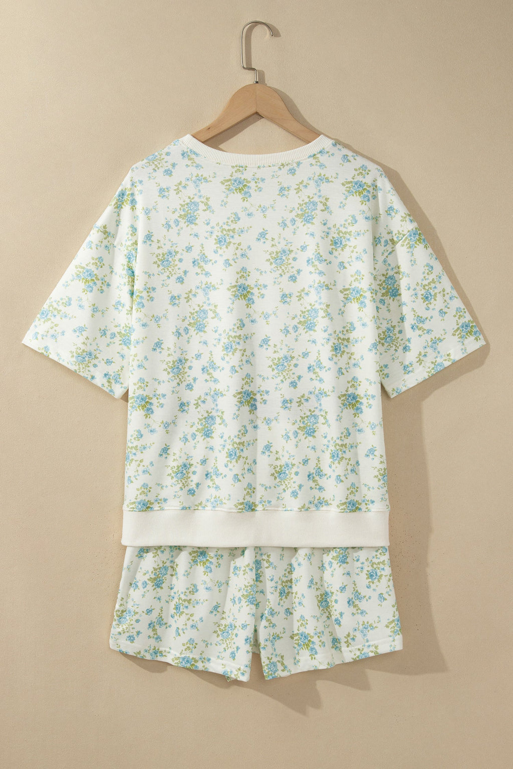 Sky Blue Floral Print Short Sleeve Elastic Waist Pocket Two Piece Set