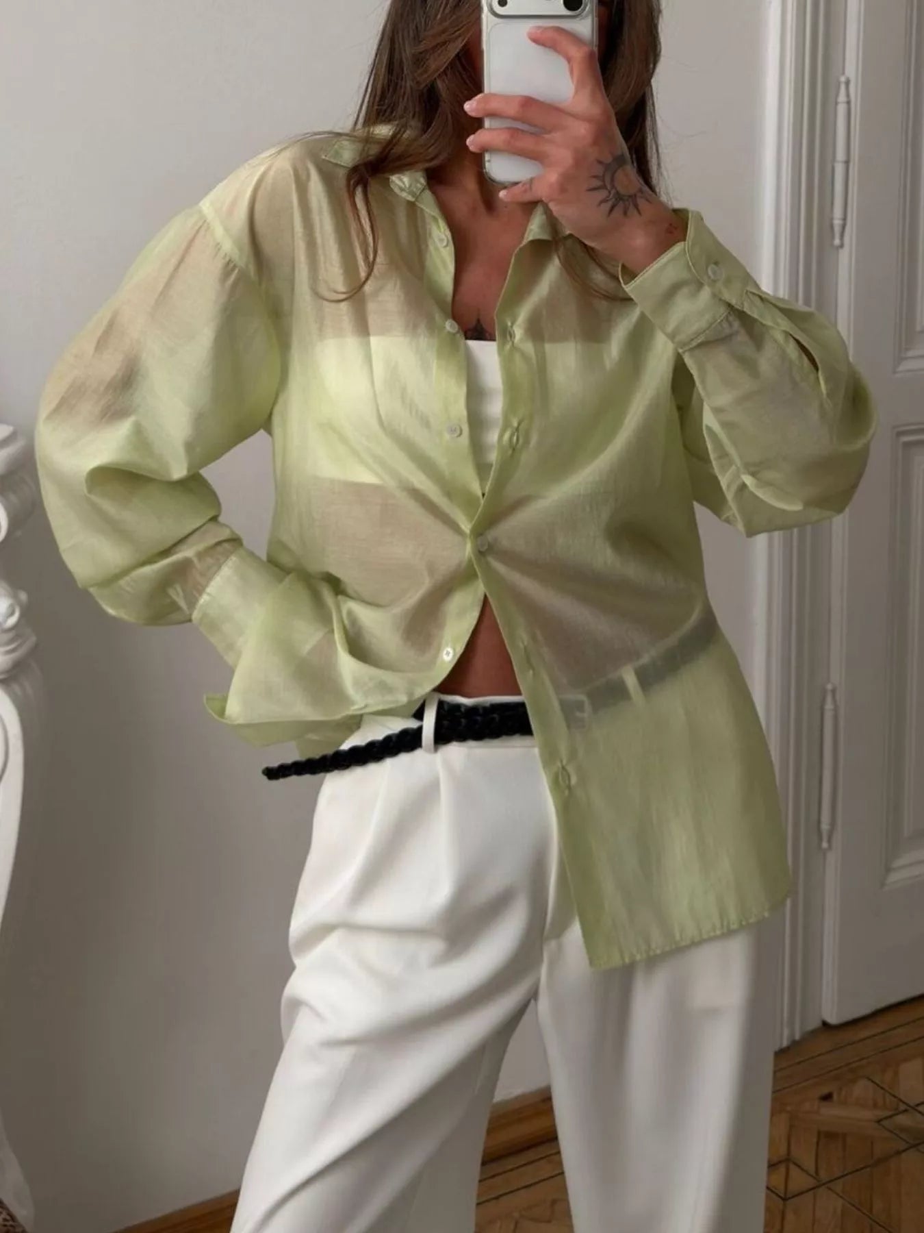 Sheer Oversized Button-Up Shirt