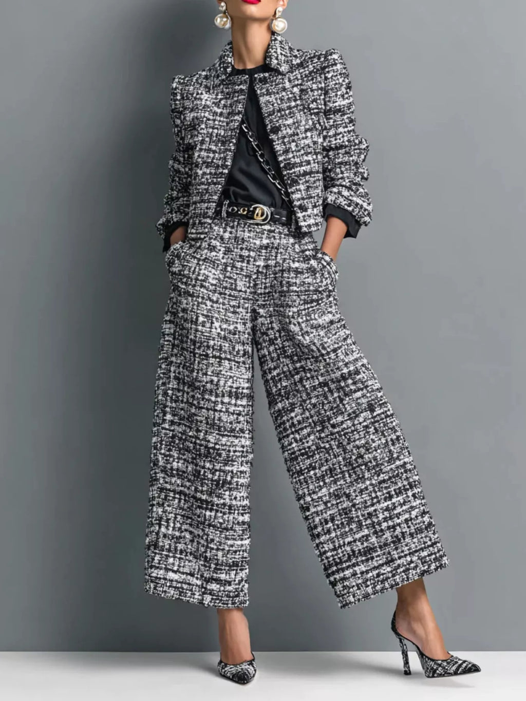 Tweed Cropped Jacket and Wide-Leg Pants Set