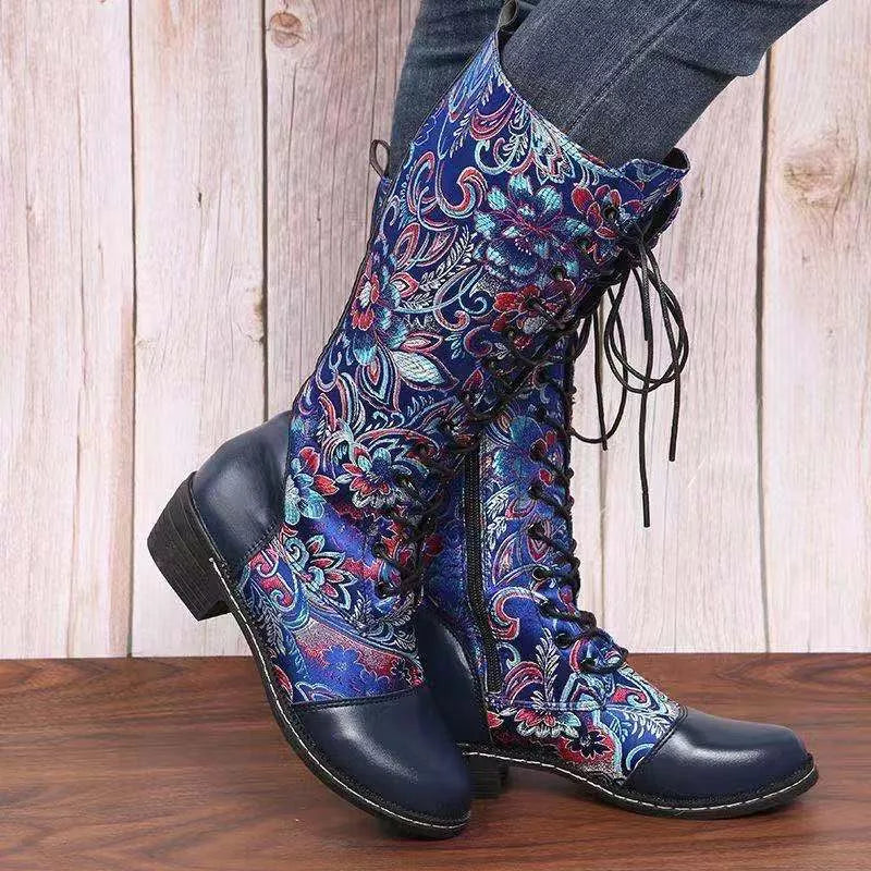 Embroidered Lace-Up Block Heel Boots