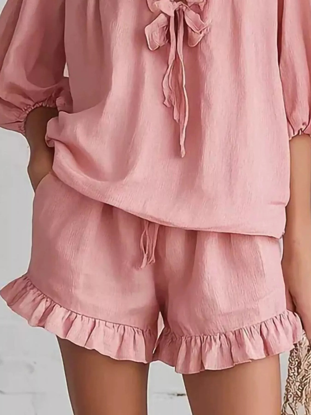 Ruffled V-Neck Blouse and Shorts Set