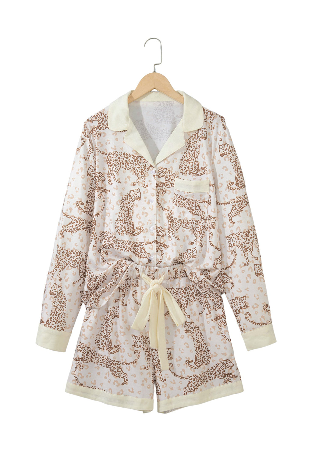 Yellow Leopard Print Colorblock Pocket Placket Long Sleeve Lounge Set