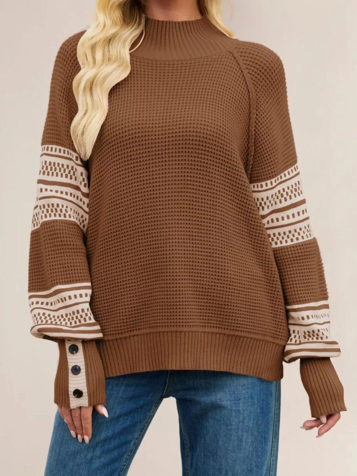 Color-Block Mock Neck Waffle Knit Sweater