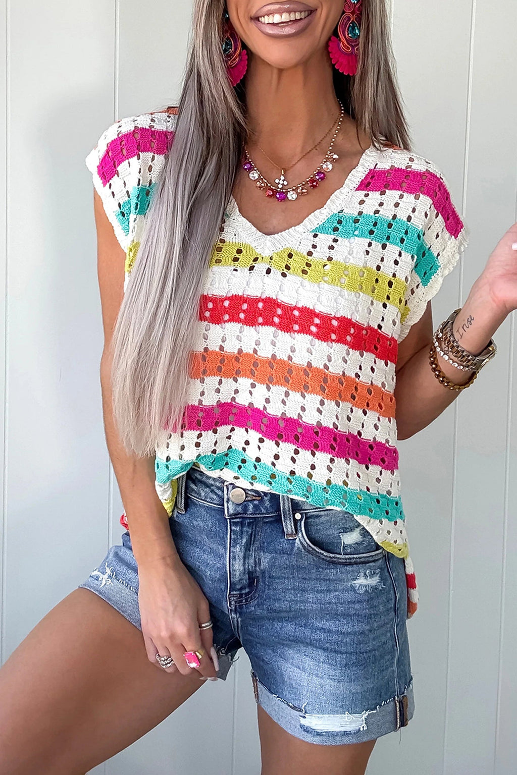 Multicolour Striped Eyelet Knit V Neck Sweater Tee