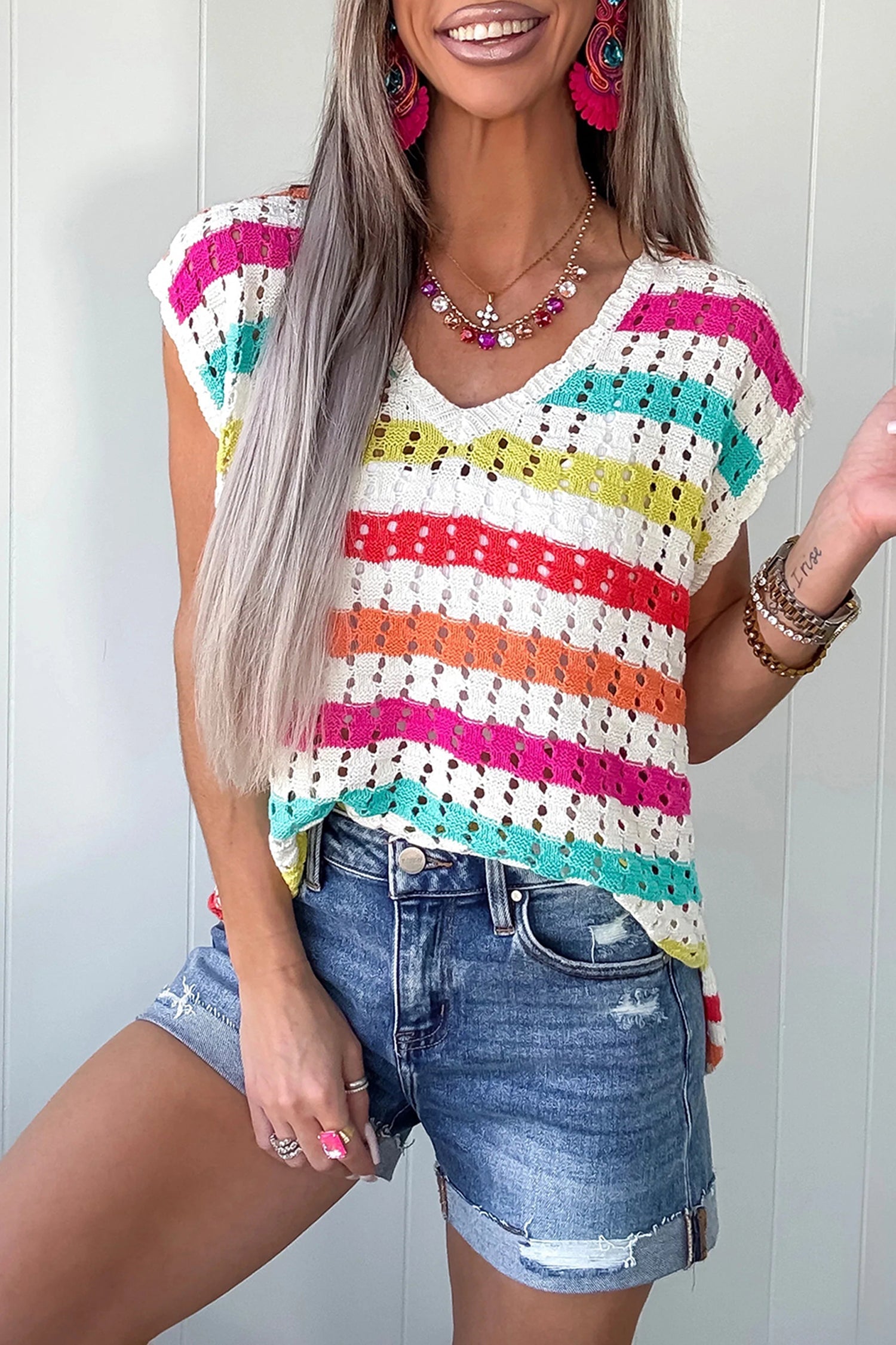 Multicolour Striped Eyelet Knit V Neck Sweater Tee