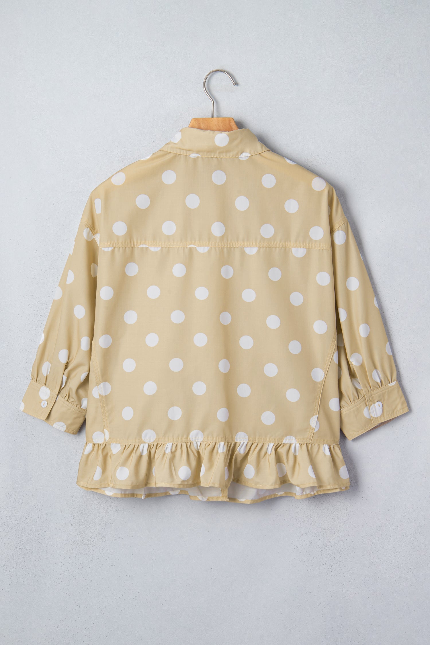 White Polka Dot Print Three Quarter Sleeve Ruffle Hem Casual Shirt