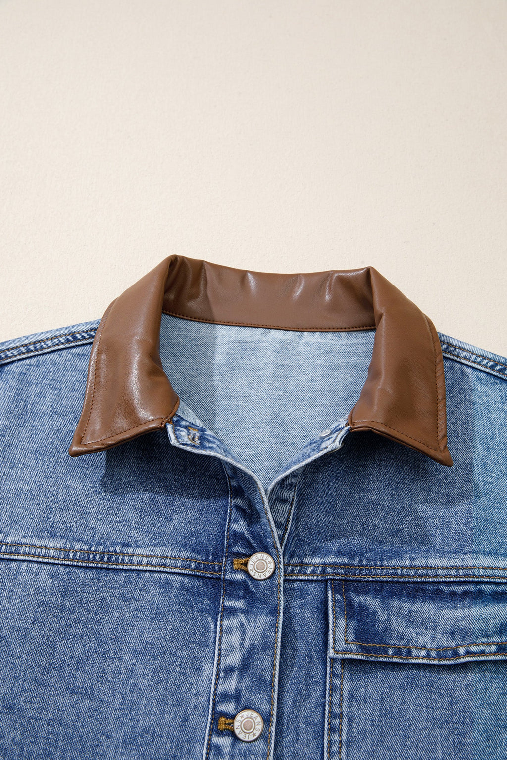 Sky Blue Patchwork Leather Collar Long Sleeve Denim Jacket