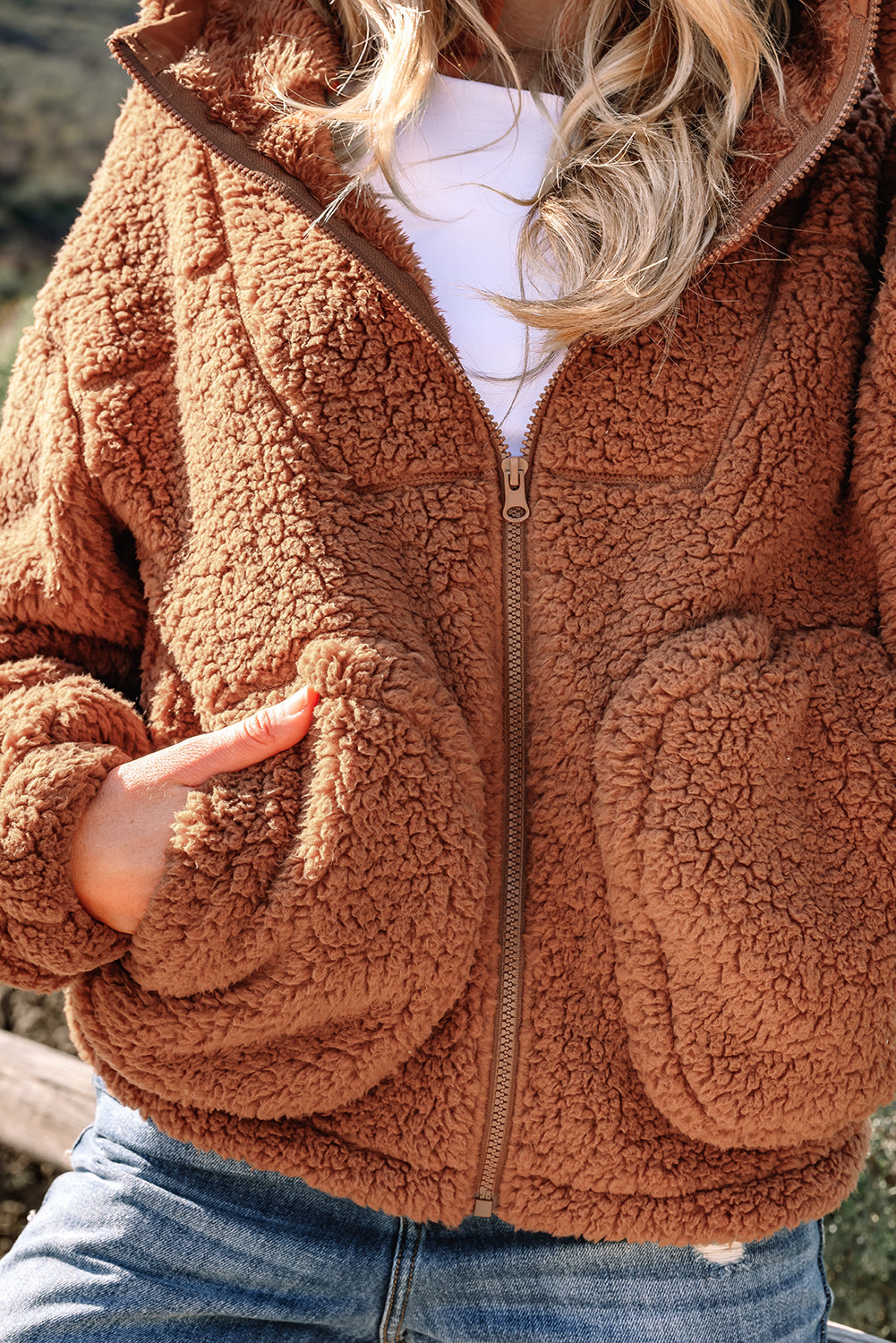 Straw Yellow Zip Up Hooded Sherpa Jacket
