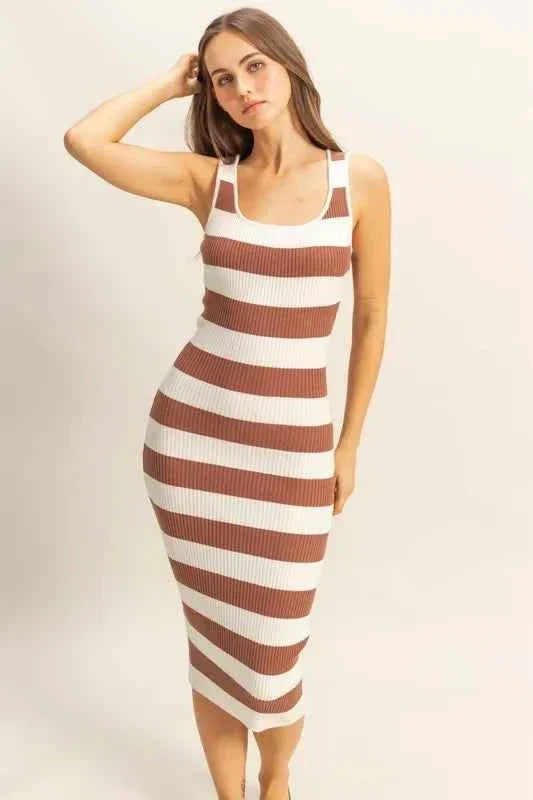 Striped Scoop Neck Wide Strap Knit Midi Dress