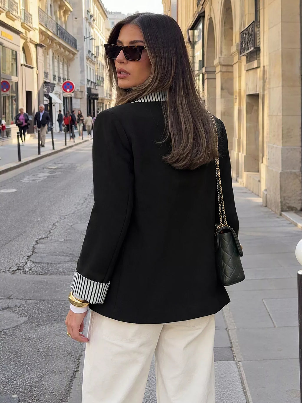 Contrast Striped Lapel Collar Blazer