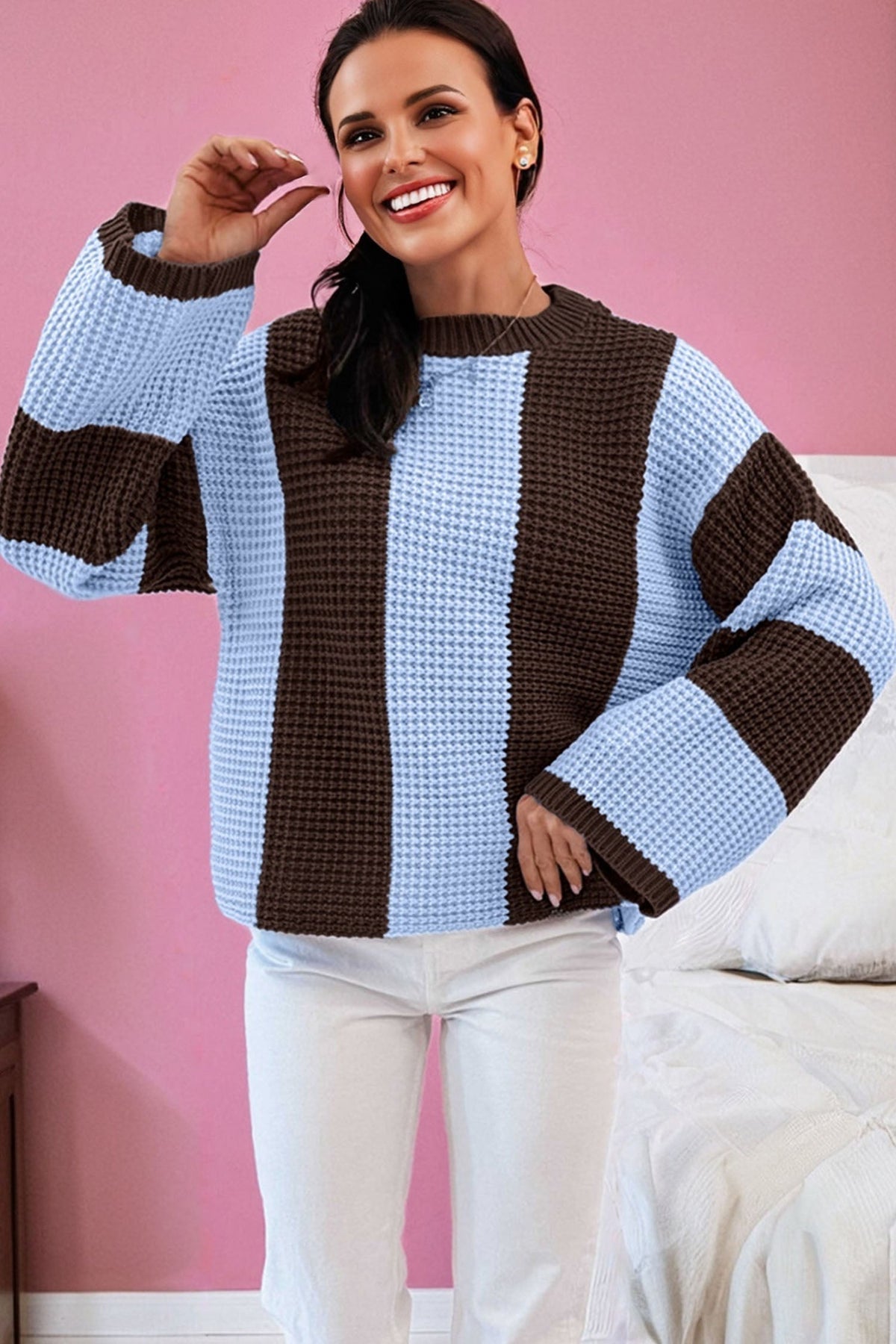 Stripe Colorblock Thermal Textured Knit Drop Shoulder Sweater