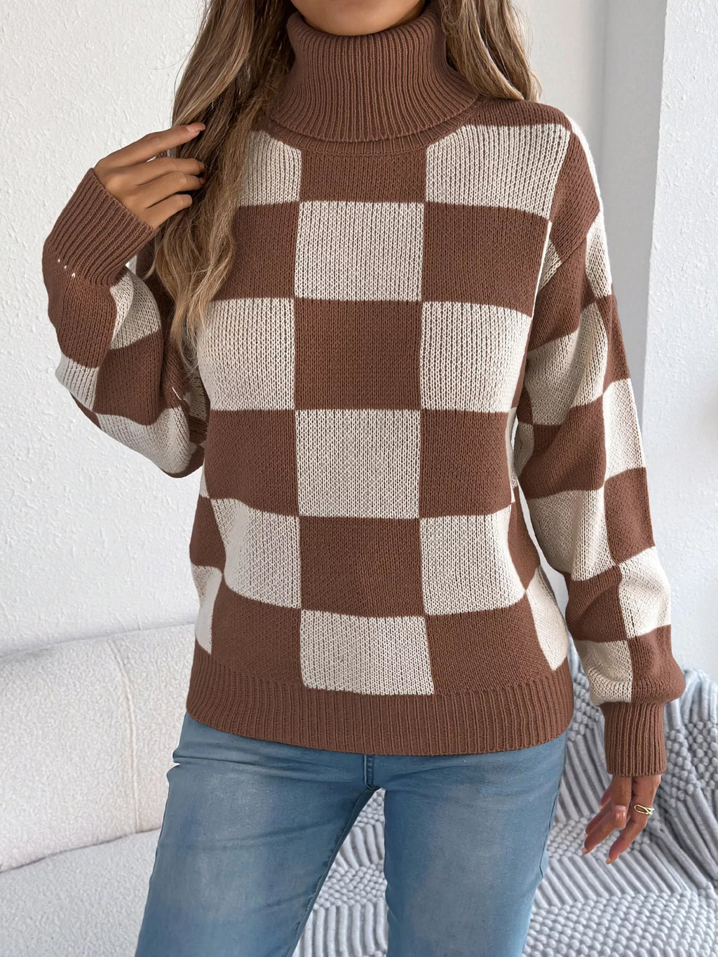 Checkered Turtleneck Long Sleeve Sweater