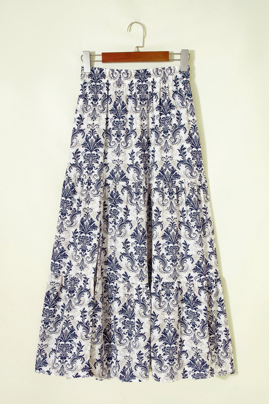 Blue Bohemian Floral Print Tiered Maxi Skirt with Split