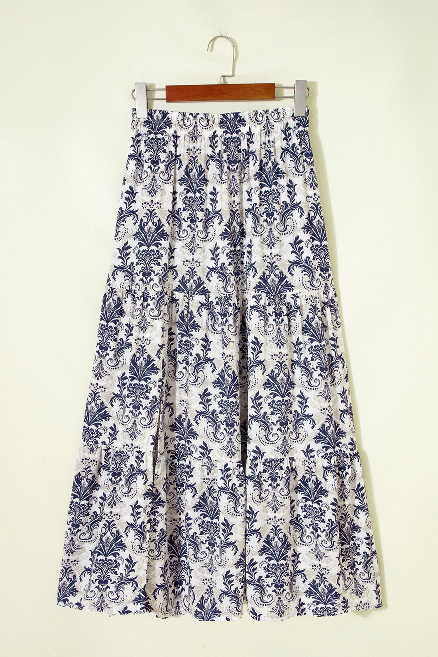 Blue Bohemian Floral Print Tiered Maxi Skirt with Split