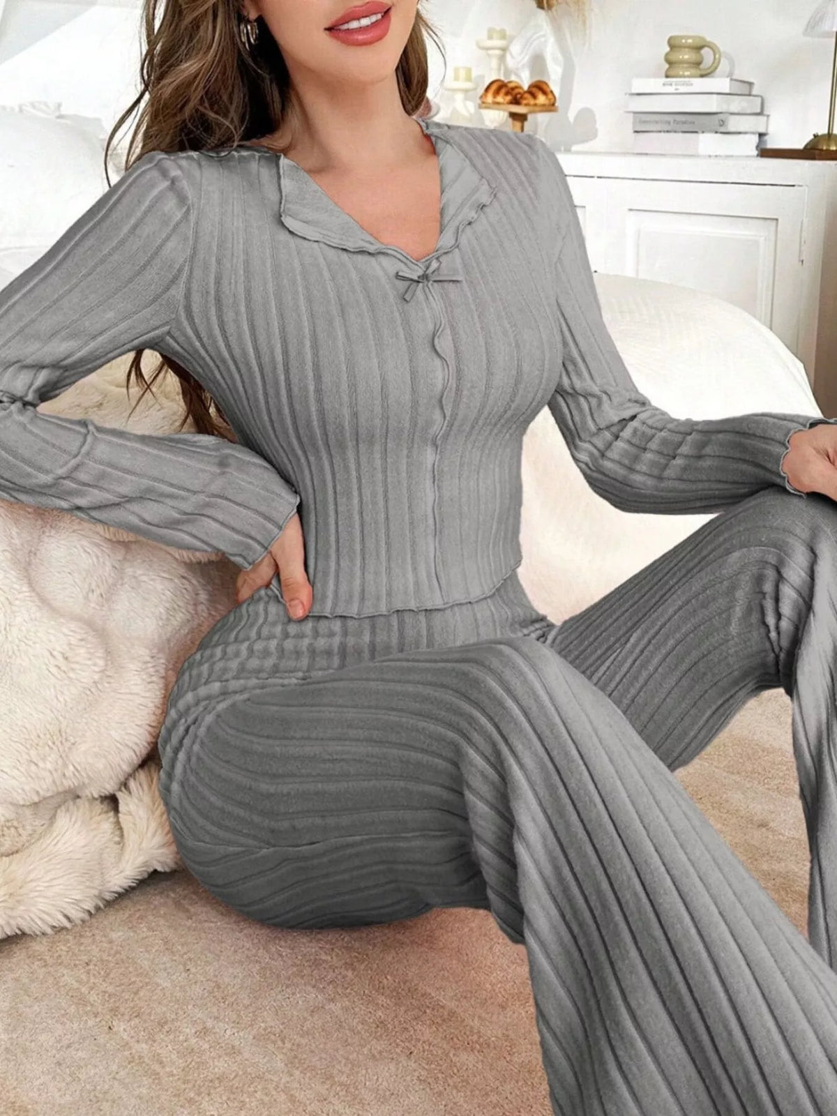 Bow Detail Ribbed Knit Top and Pants Lounge Set