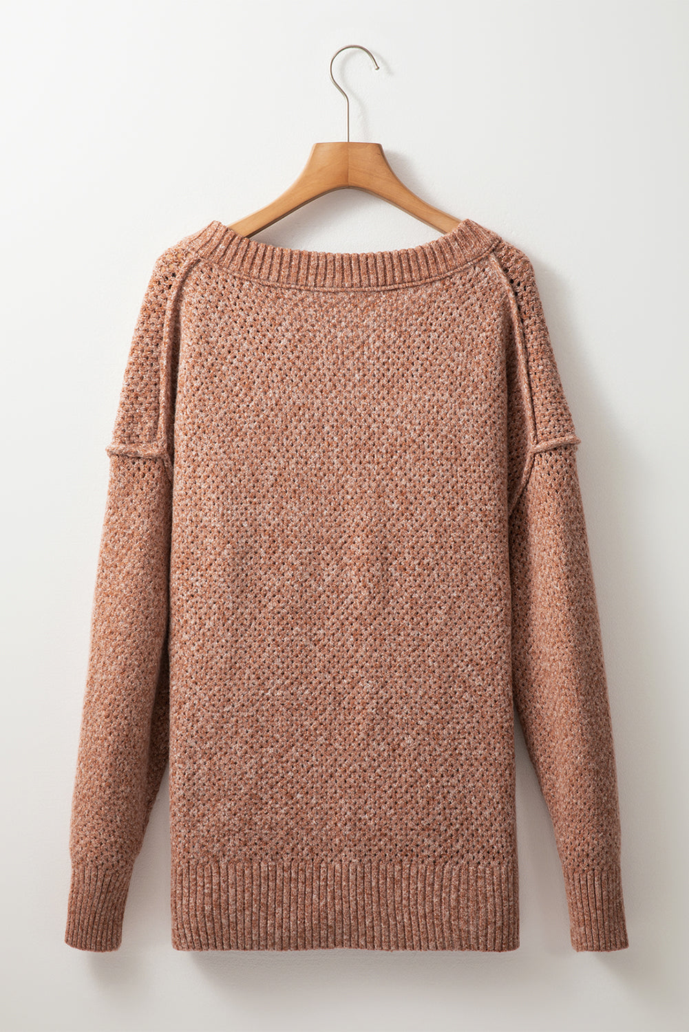 Solid Eyelet V-Neck Drop Shoulder Sweater