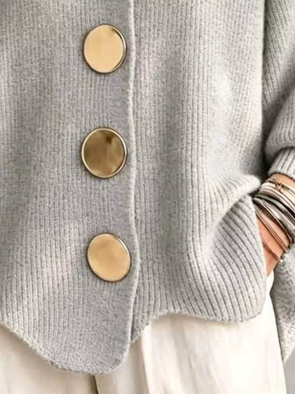 Full Size Gold Buttons Lantern Sleeve Cardigan Plus Size