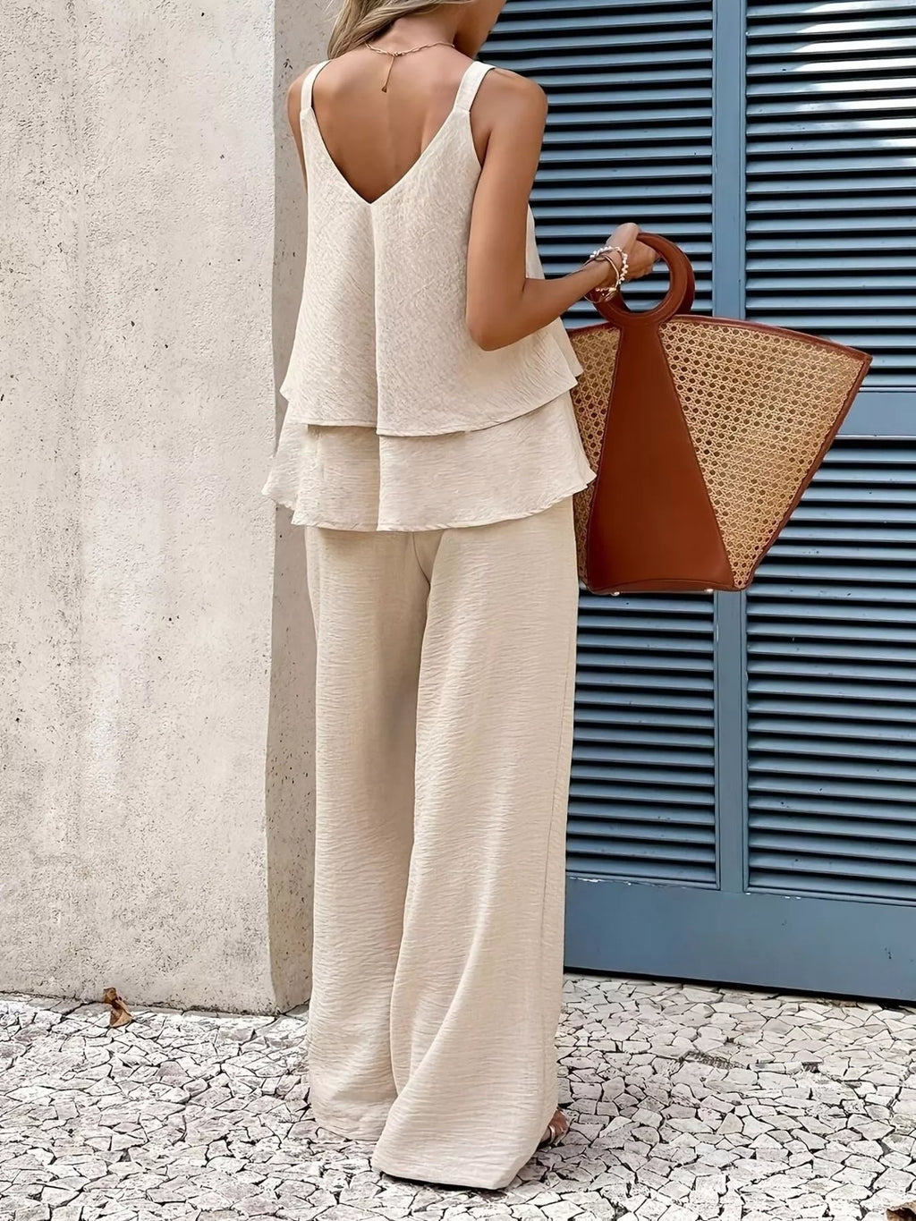 V-Neck Top and Wide-Leg Pants Set