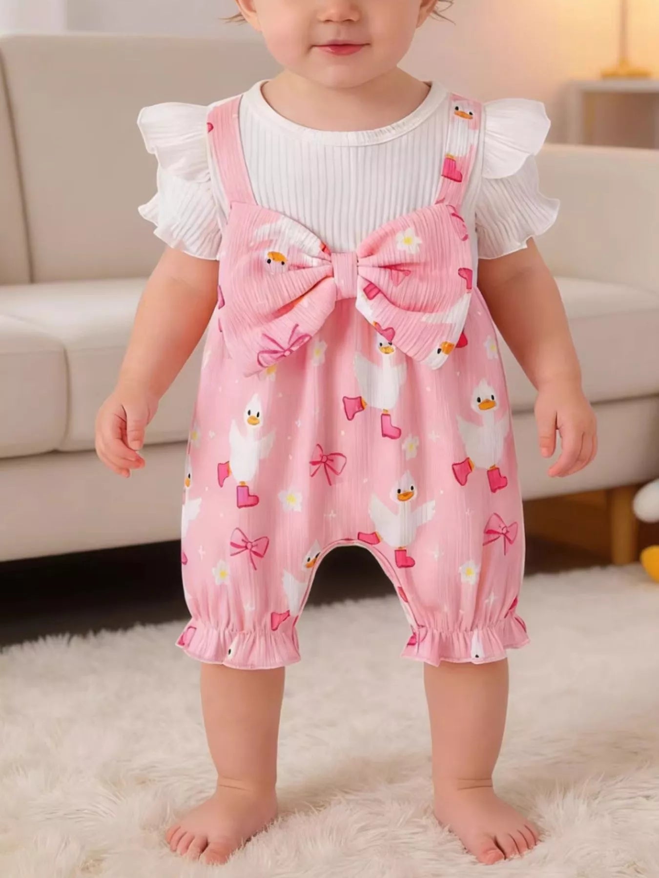 Children's Bow Duck Print Romper with Headband