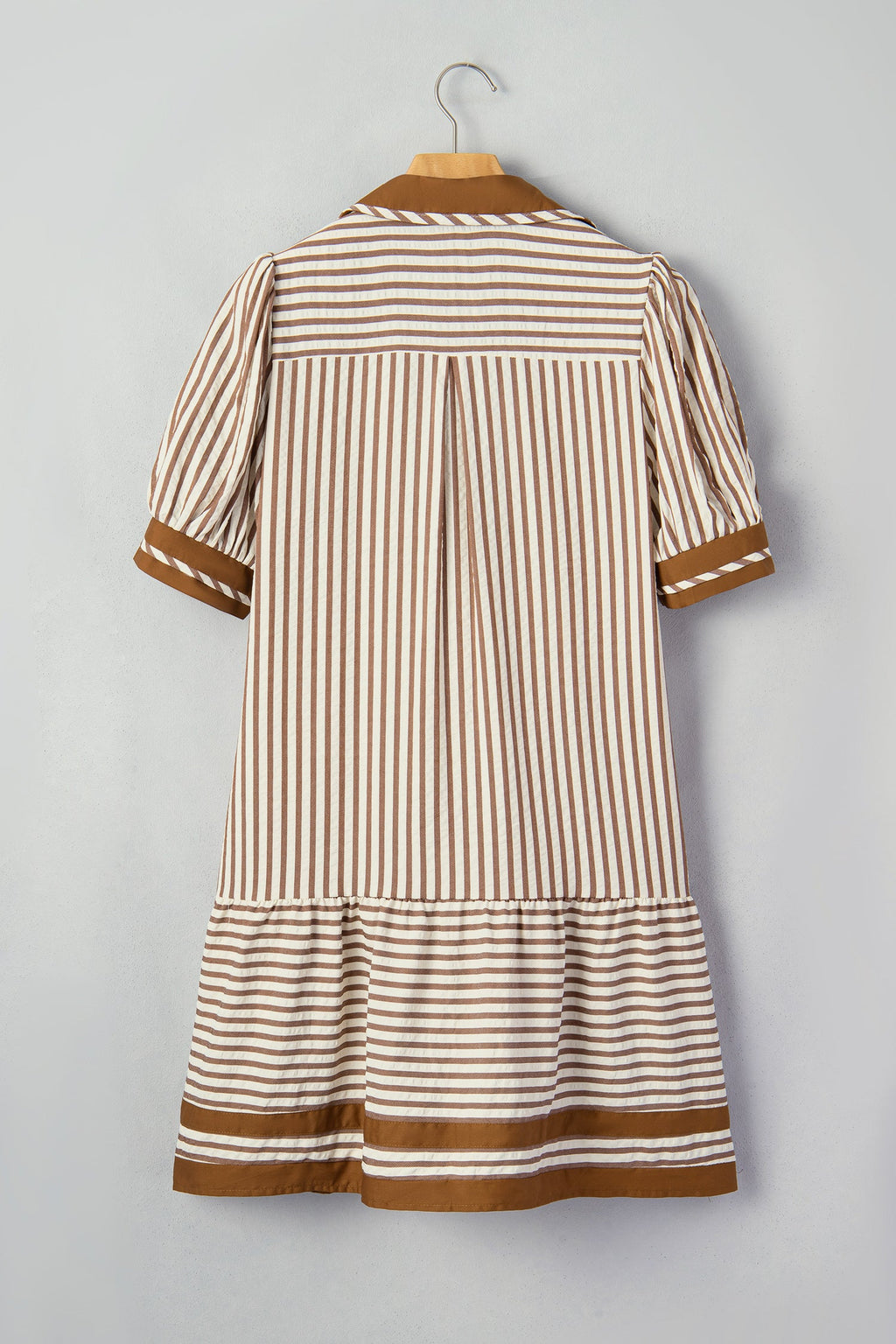 Brown Stripe Shirt Collar Color Block Patchwork Trim Ruffle Hem Short Dress
