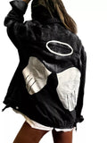 Full Size Angel Wings Graphic Back Denim Jacket Plus Size