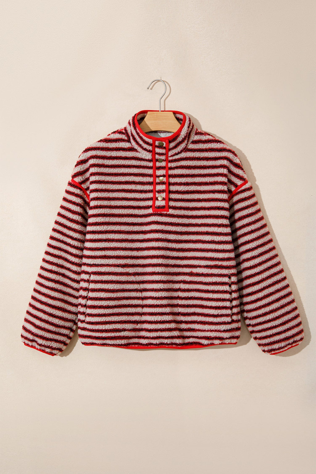 Stripe Fleece Contrast Trim Buttoned Sweatshirt