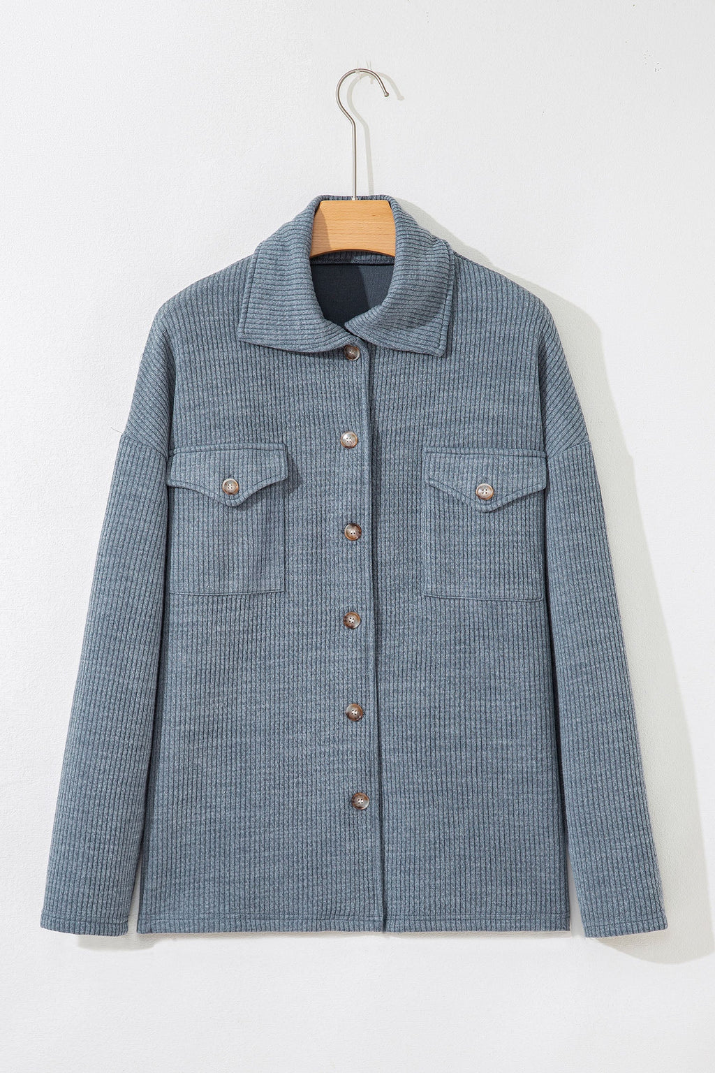 Medium Grey Ribbed Knit Buttons Front Flap Pocket Casual Shacket