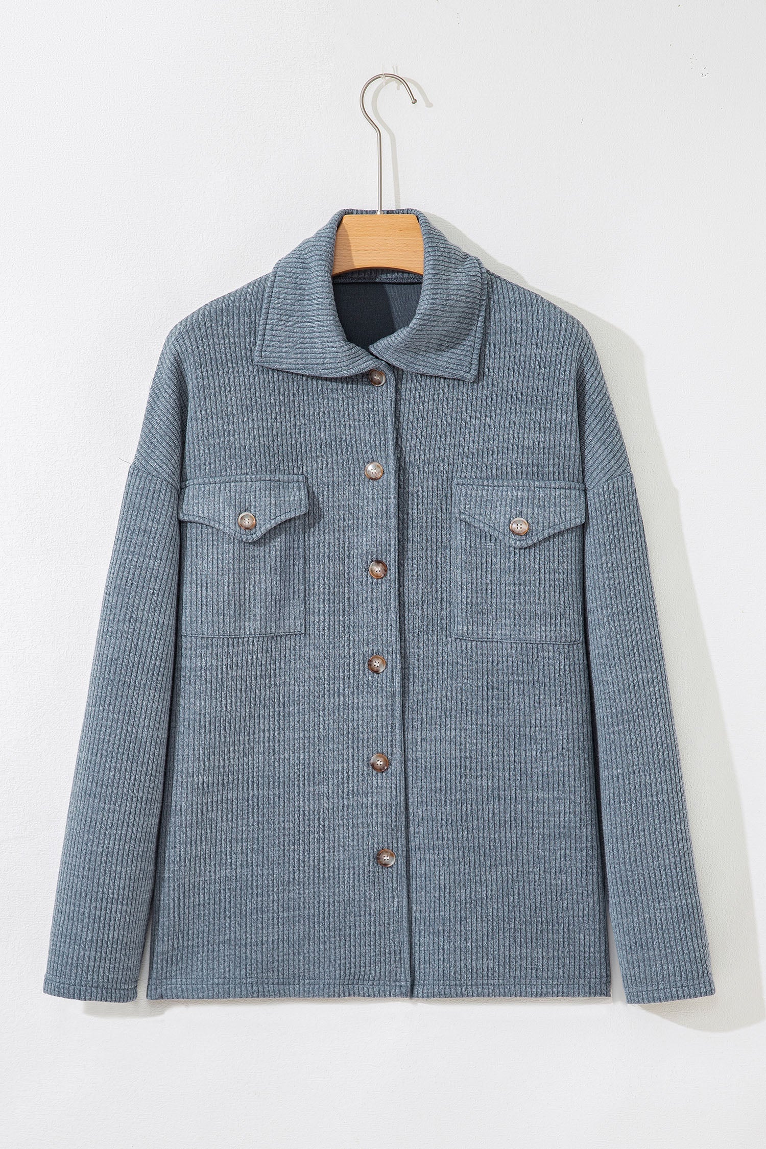 Medium Grey Ribbed Knit Buttons Front Flap Pocket Casual Shacket