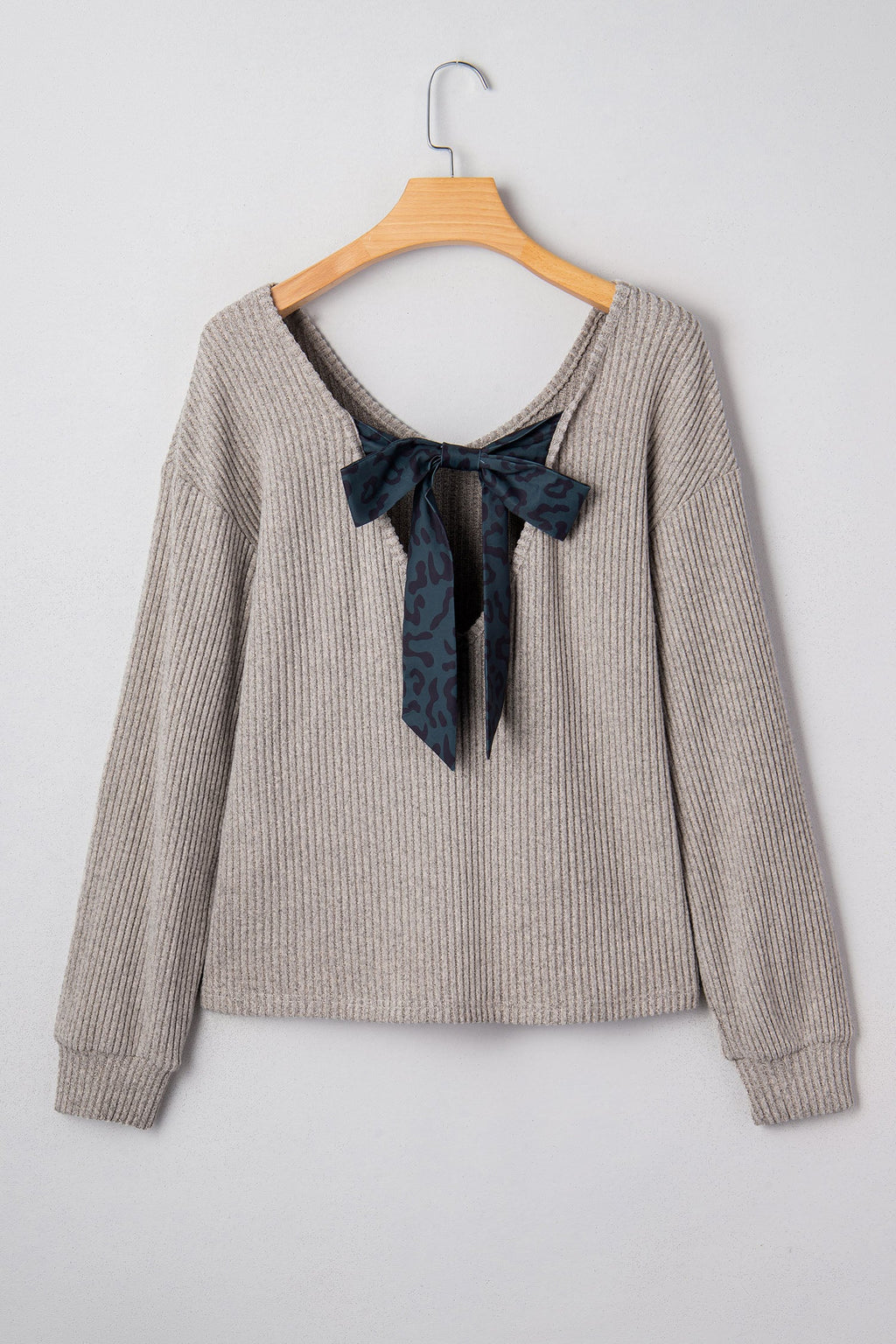 Leopard Bow Back Ribbed Knit Long Sleeve Top