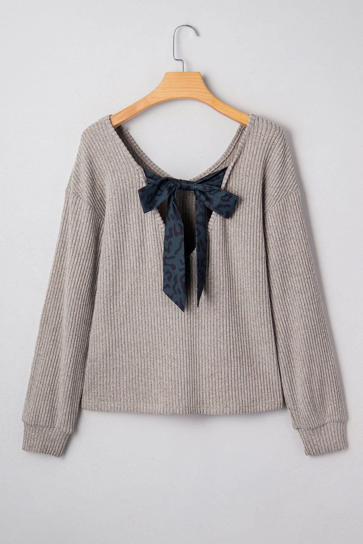 Leopard Bow Back Ribbed Knit Long Sleeve Top