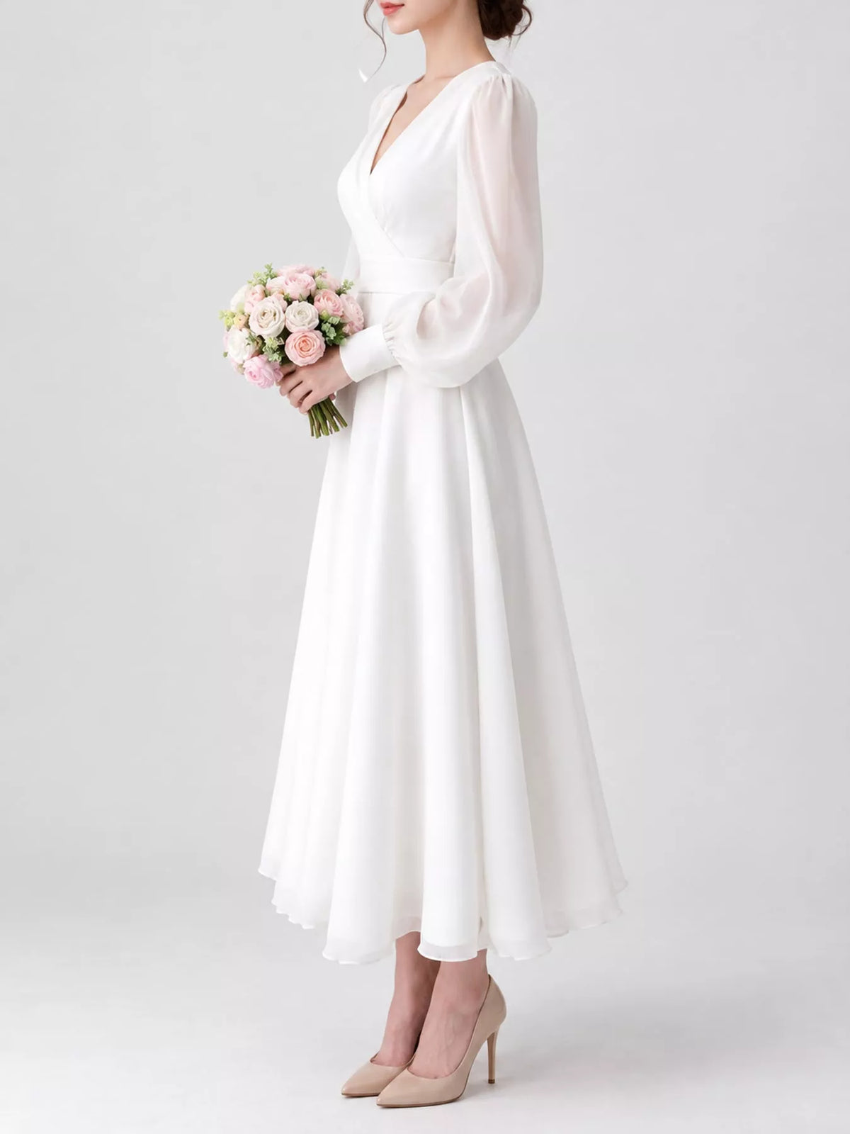 Surplice Lantern Sleeve Midi Dress