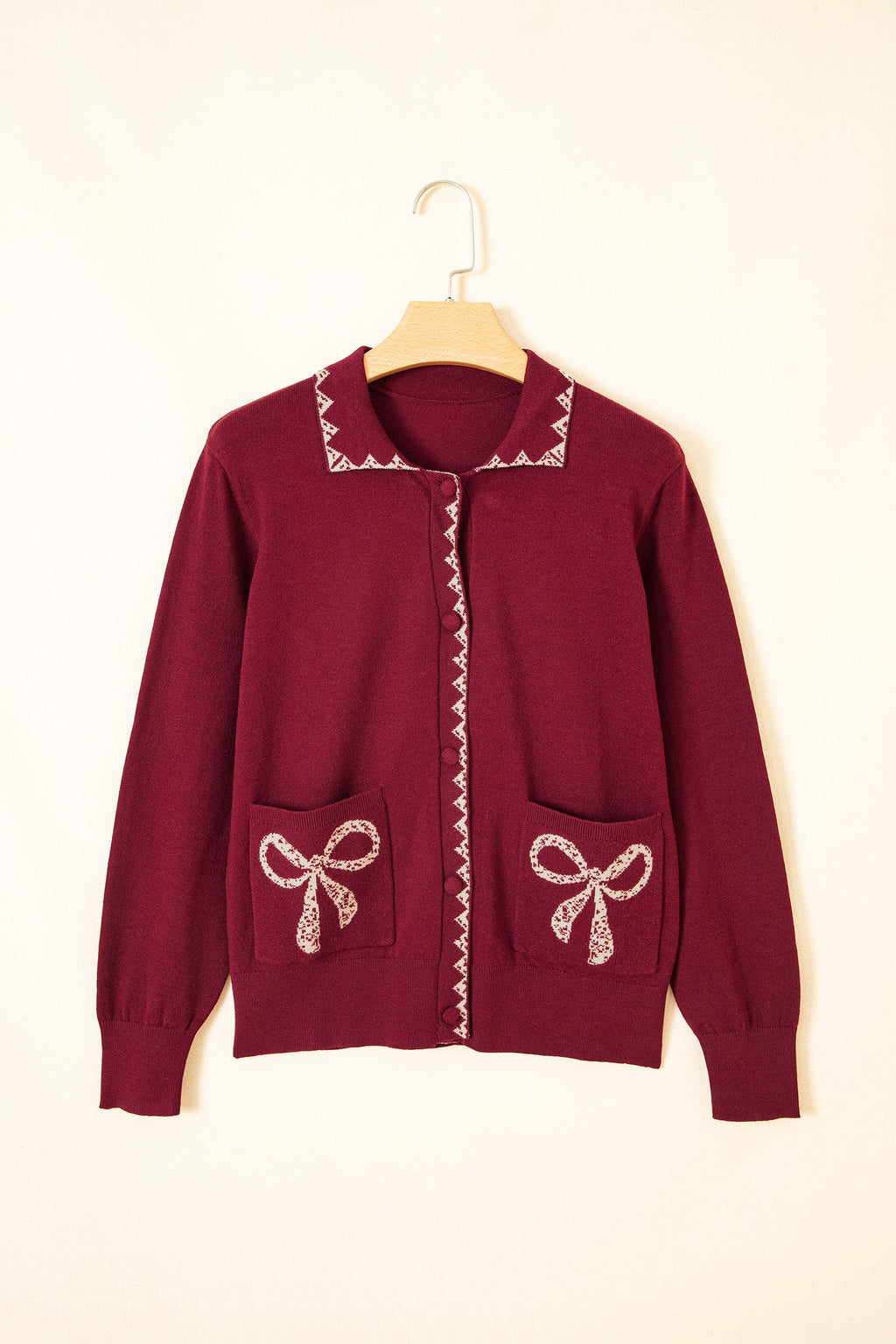 Bow Patch Pocket Collared Button Front Cardigan