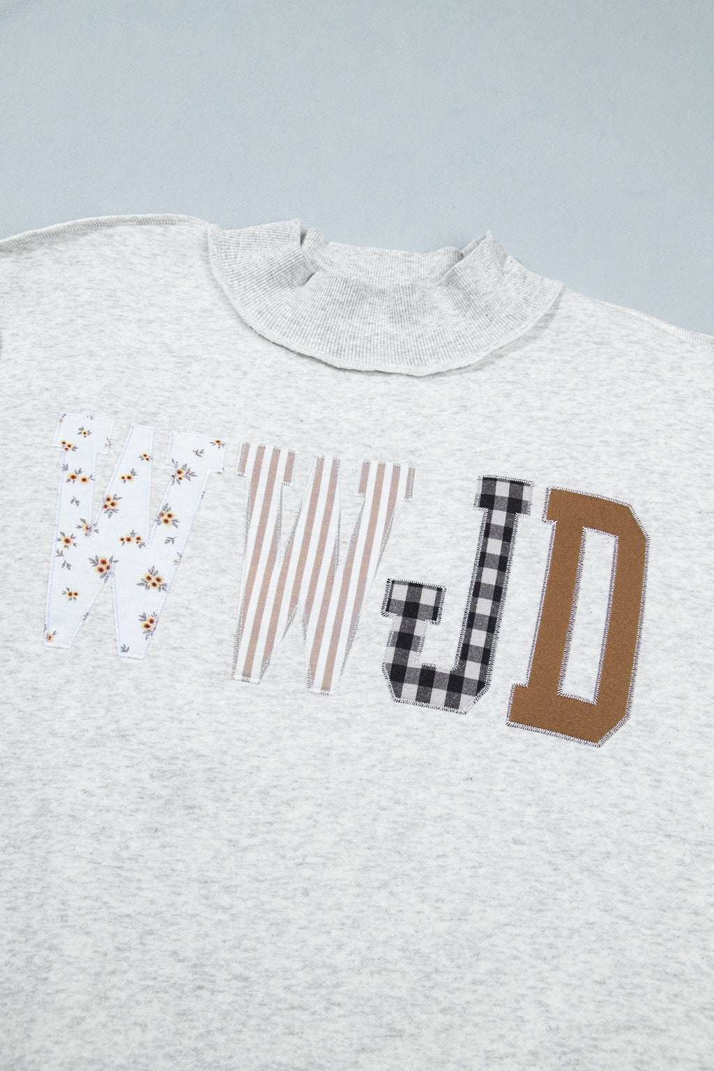Coffee WWJD Mixed Pattern Embroidered Patch Graphic Mock Neck Sweatshirt