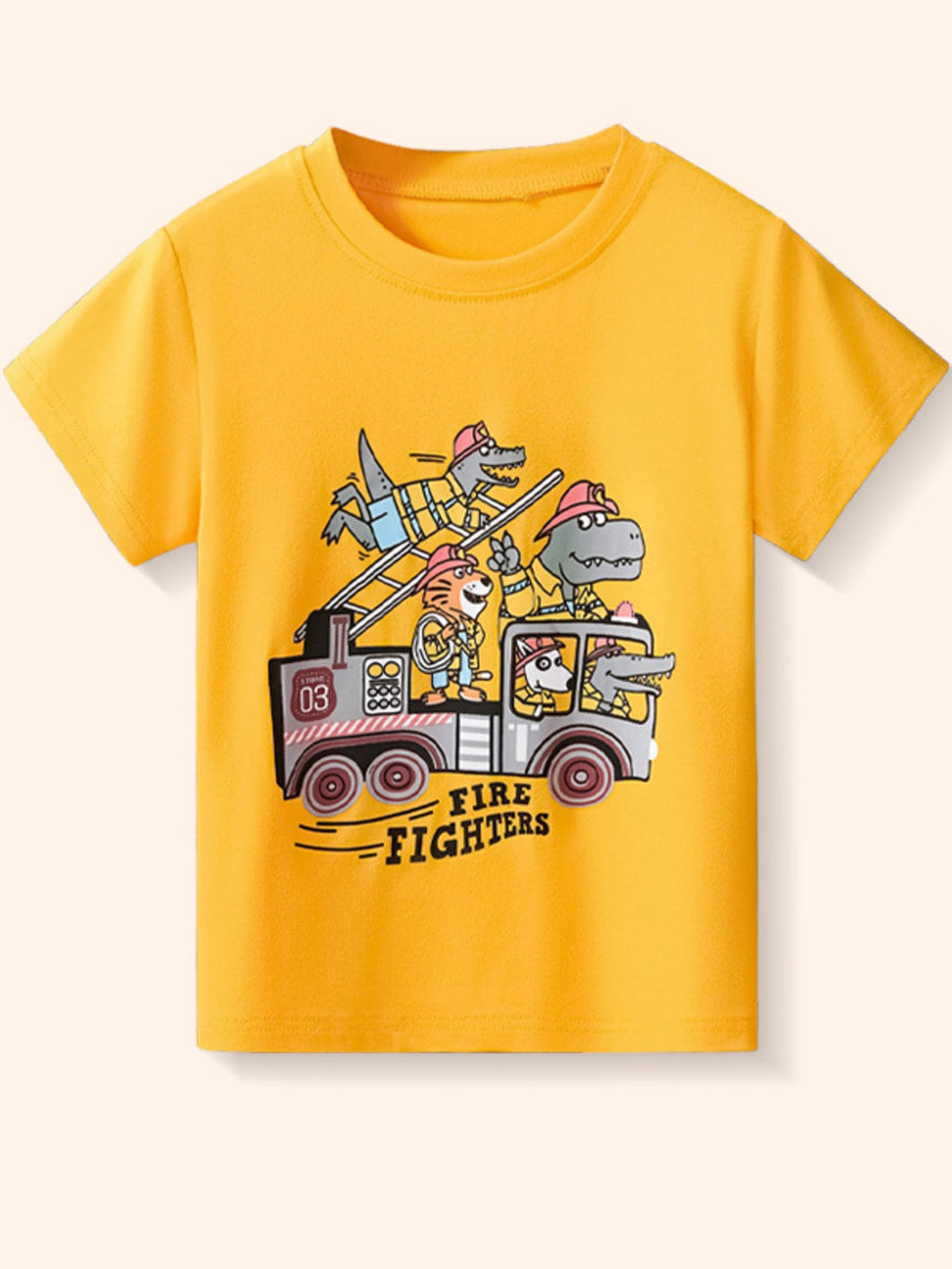 Children's Cartoon Firefighter Graphic Short Sleeve T-Shirt