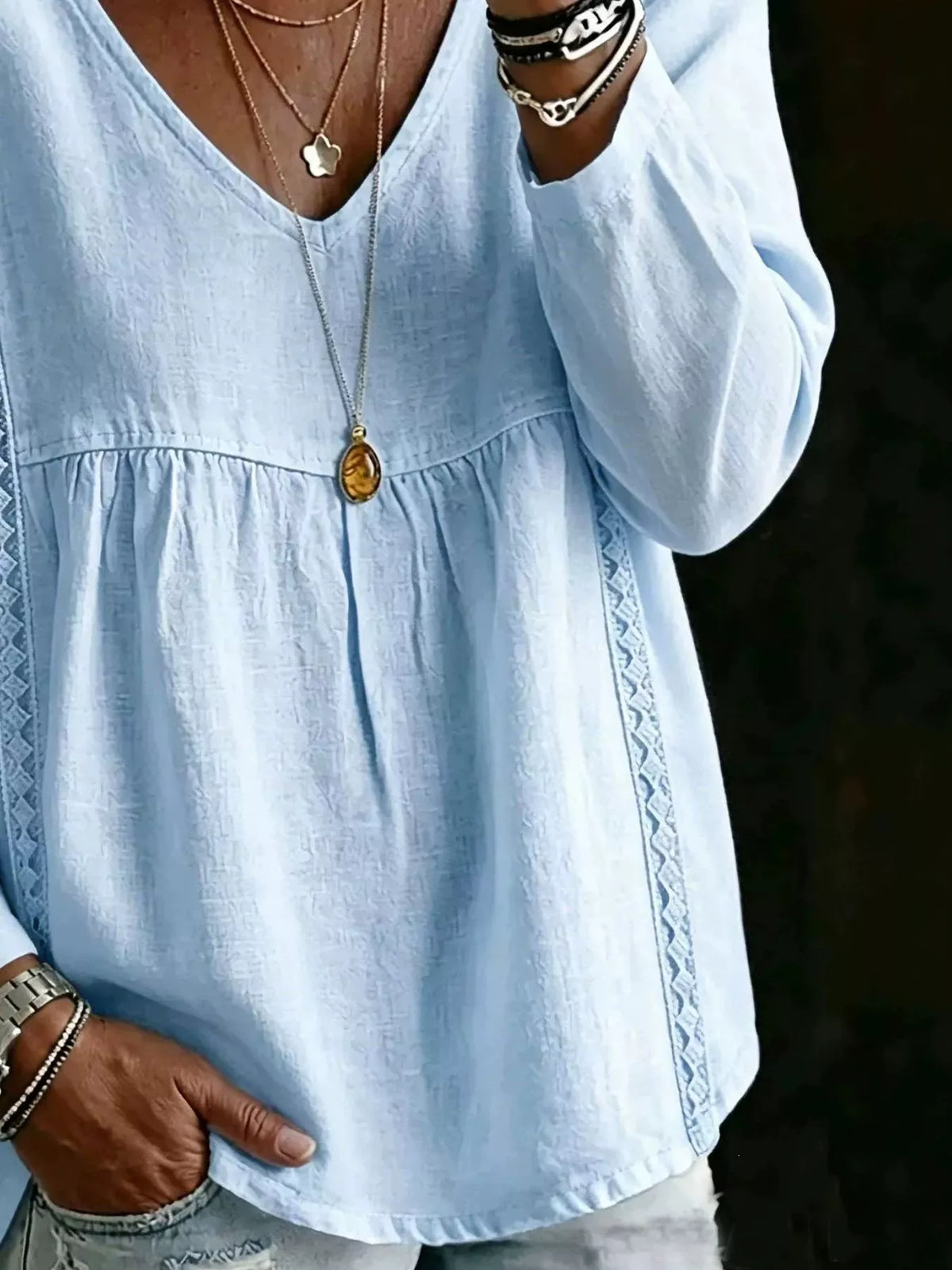 Full Size V-Neck Lace Trimmed Long Sleeve Blouse Plus Size