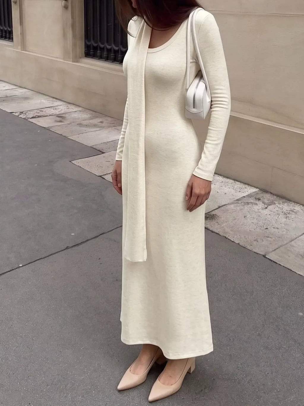 Round Neck Maxi Knit Dress with Matching Scarf