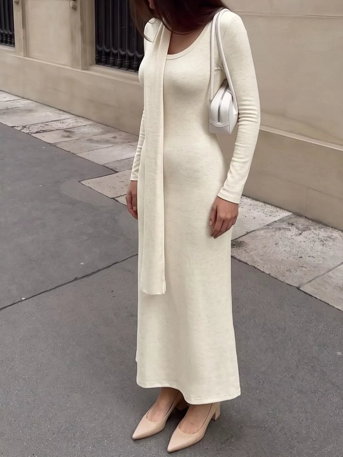 Round Neck Maxi Knit Dress with Matching Scarf