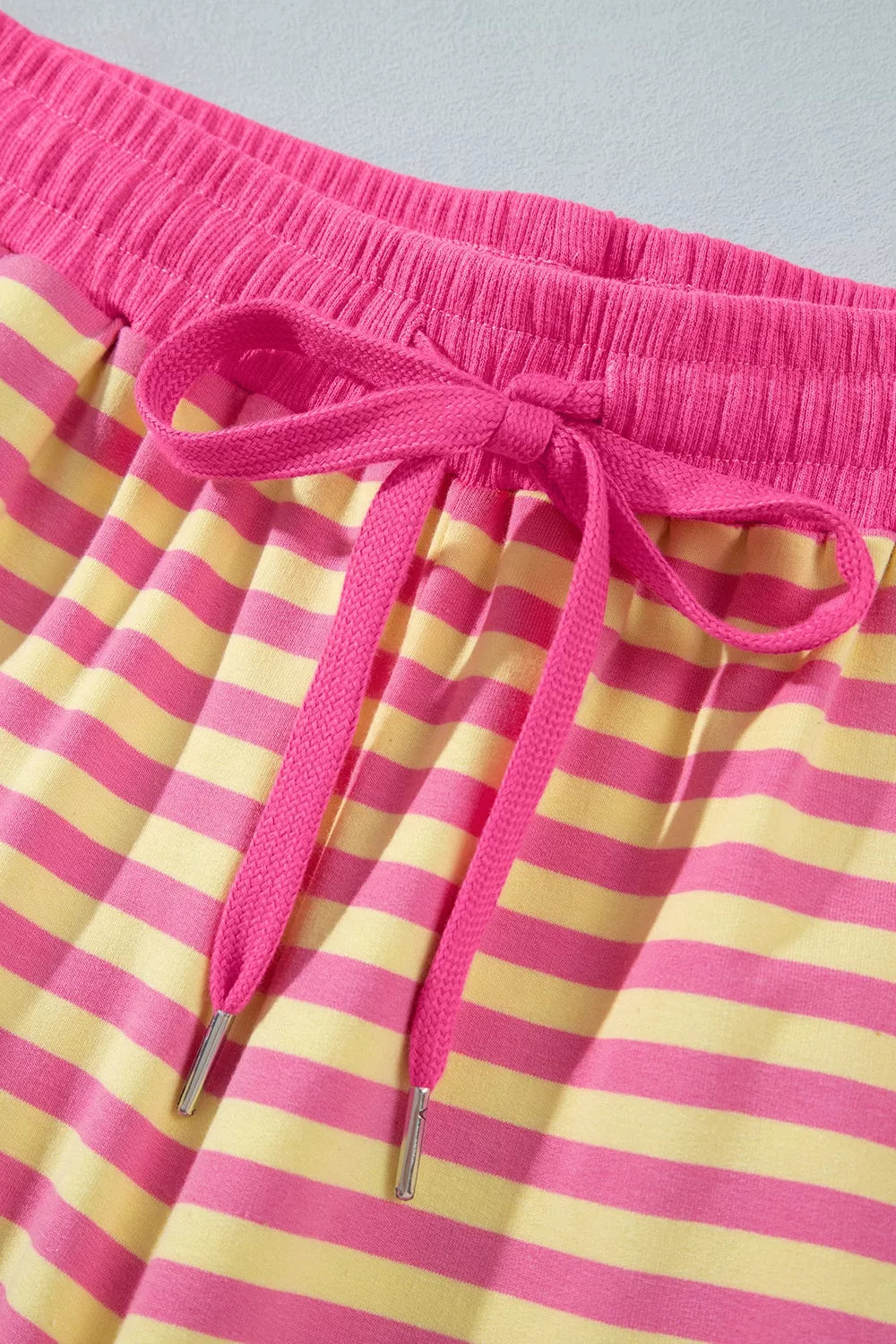 Stripe Colorblock Trim Crew Neck Loose Tee Drawstring Elastic Waist 2pcs Pant Set