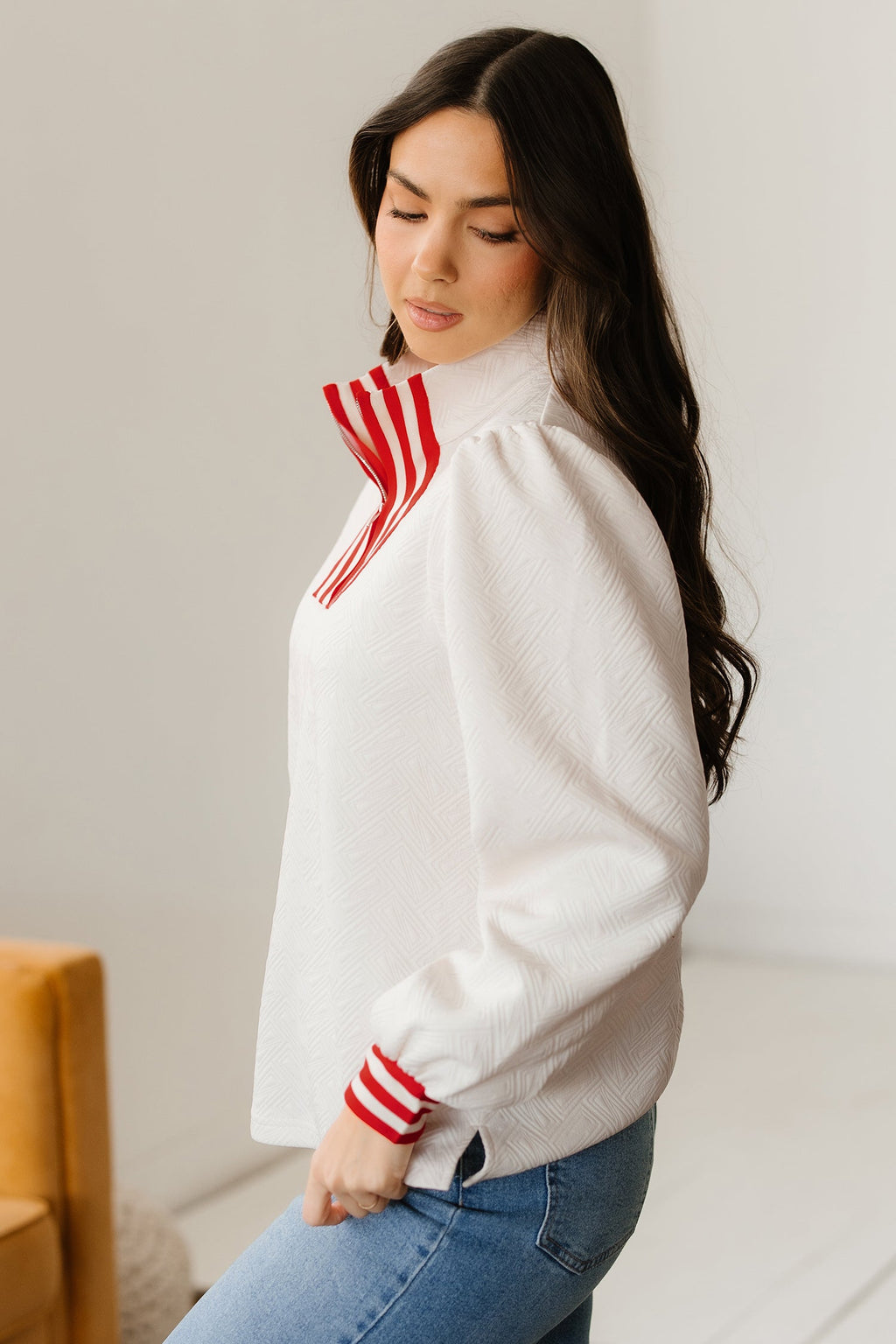 White Textured Knit Contrast Striped Accent Zipped Collar Pullover Top