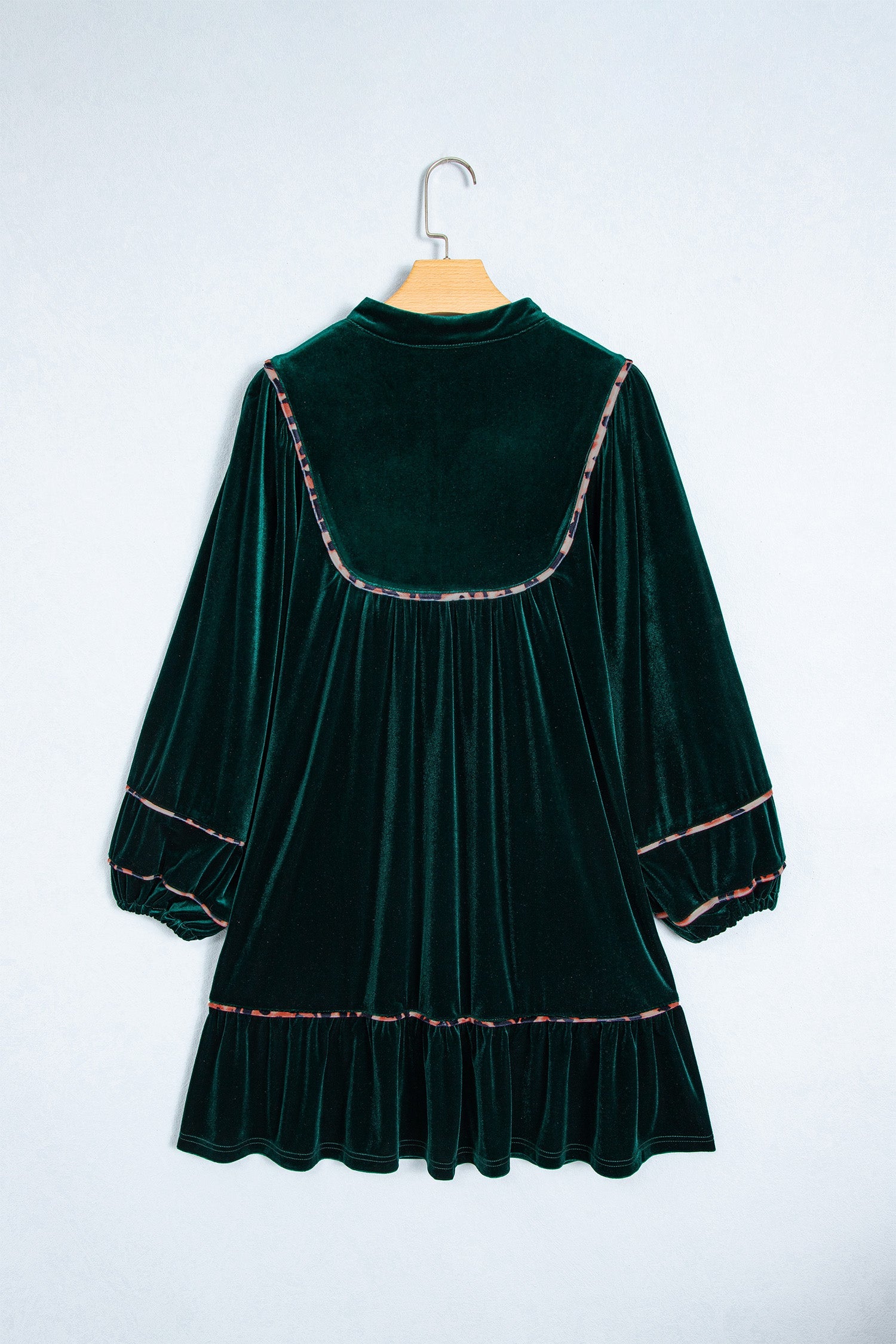 Blackish Green Leopard Trim Velvet Long Sleeve Shift Dress