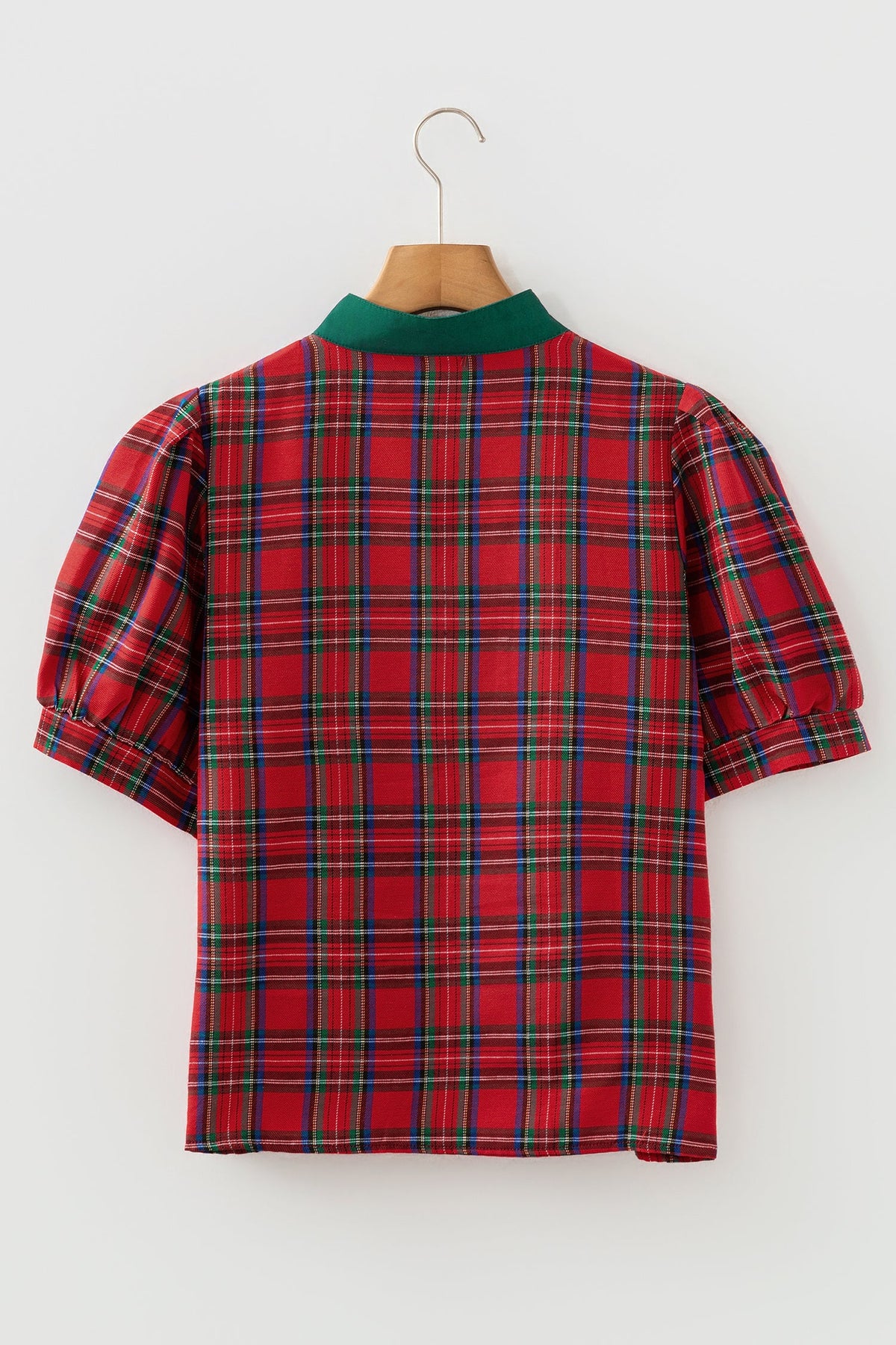Plaid Contrast Trim V-Neck Short Sleeve Blouse