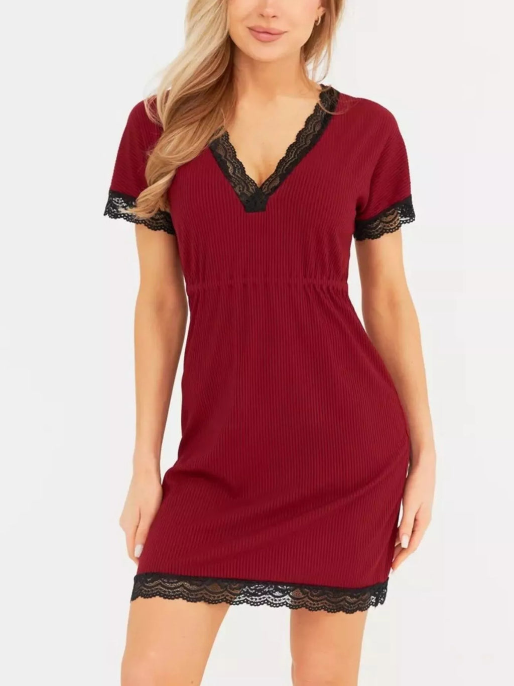 Full Size Ribbed Lace-Trim V-Neck Mini Dress Plus Size