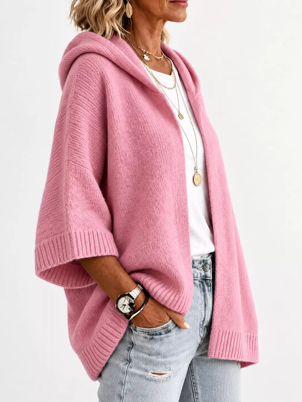 Full Size Hooded Open-Front Knit Cardigan Plus Size