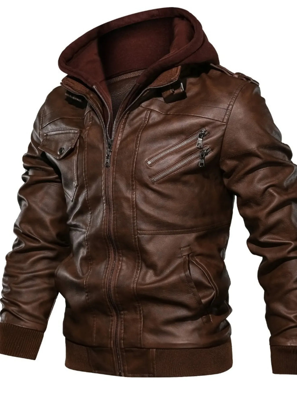 Men's Full Size Hooded Faux Leather Motorcycle Jacket Plus Size
