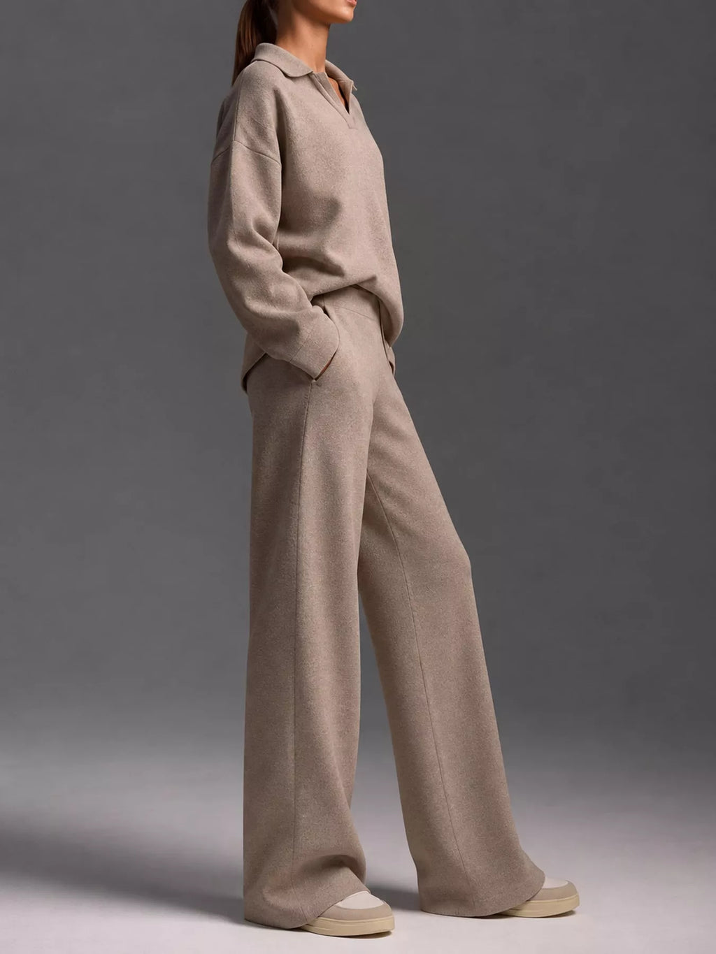Polo Collar Top and Wide-Leg Pants Set