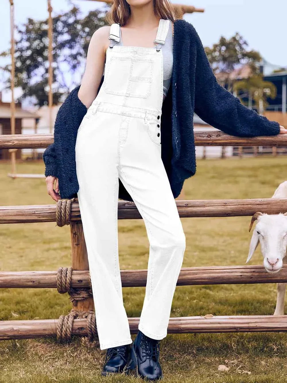 White Bib Square Neck Straight Leg Denim Overalls