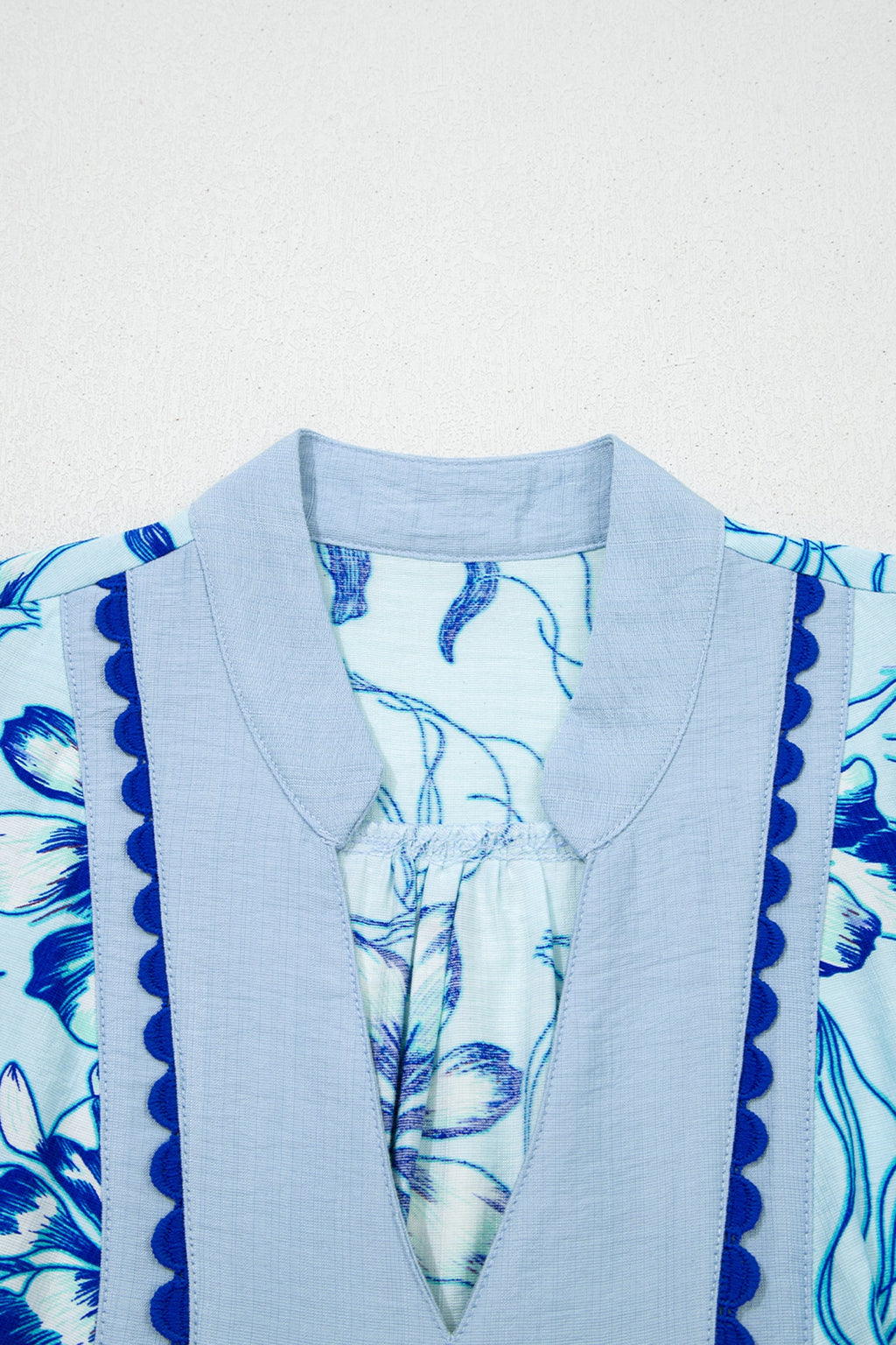 Sky Blue Ricrac Trim Slit V Neck Short Sleeve Floral Blouse