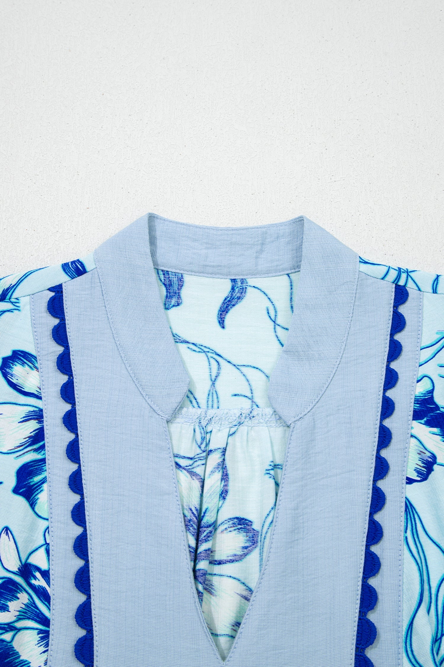 Sky Blue Ricrac Trim Slit V Neck Short Sleeve Floral Blouse