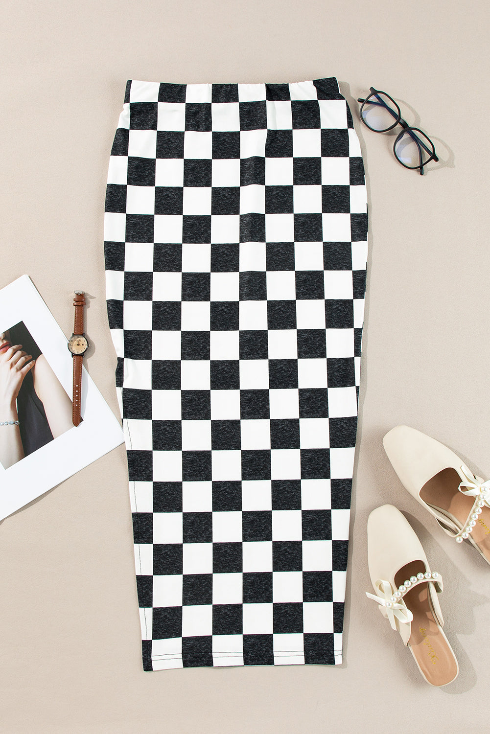 Checker Side Slit High Waist Midi Skirt